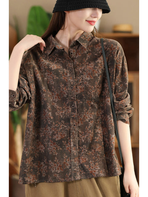 Women Autumn Vintage Flower Croduroy Cotton Shirt