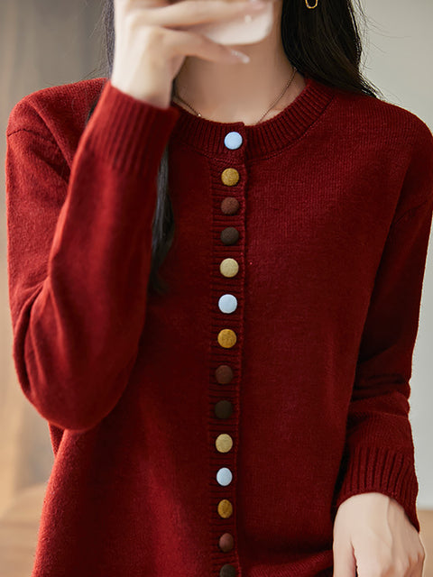 Women Autumn 100%Wool Colorful Button O-Neck Sweater