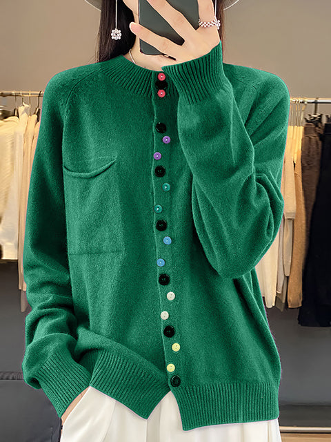 Women Autumn Wool O-Neck Pure Color Knit Sweater