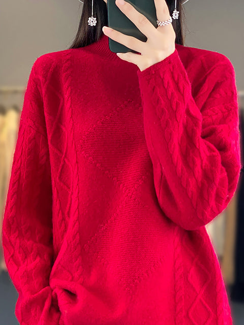 Women Autumn Half Turtleneck Twist Knit 100%Wool Sweater