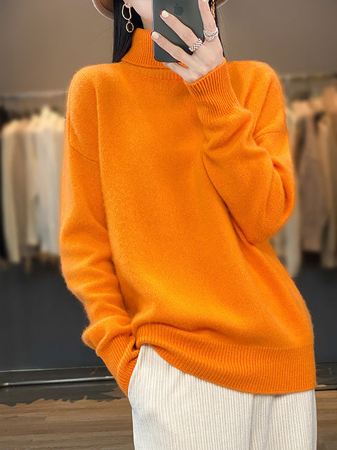 Women Autumn Turtleneck Knit 100%Wool Sweater