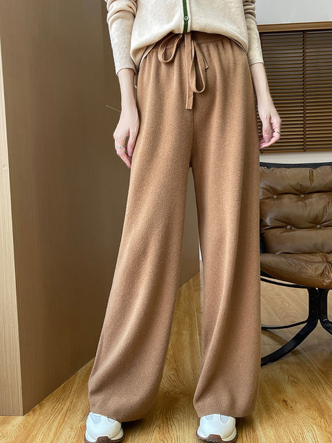 Women Autumn Casual Solid 100%Wool Knit Wide-leg Pants