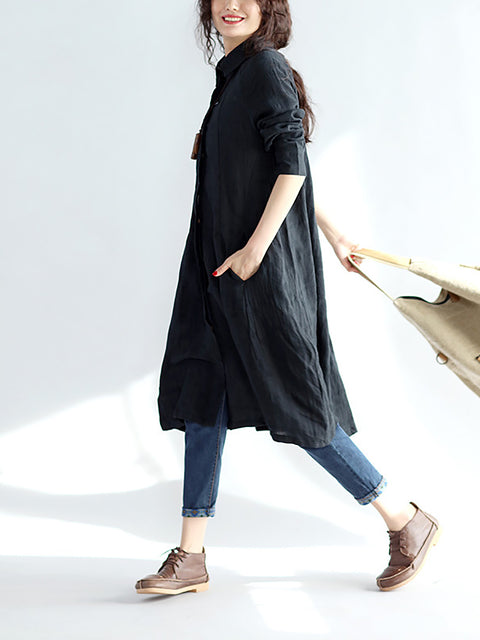 Plus Size Women Casual Solid Spring Black Long Shirt