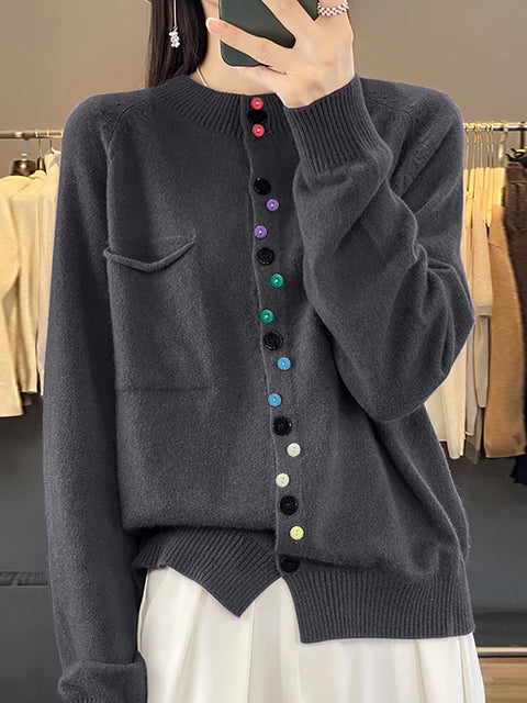 Women Autumn Wool O-Neck Pure Color Knit Sweater