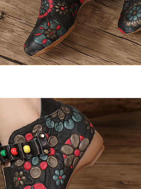 Women Ethnic Flower Embossing Leather Bead Low Heel Shoes