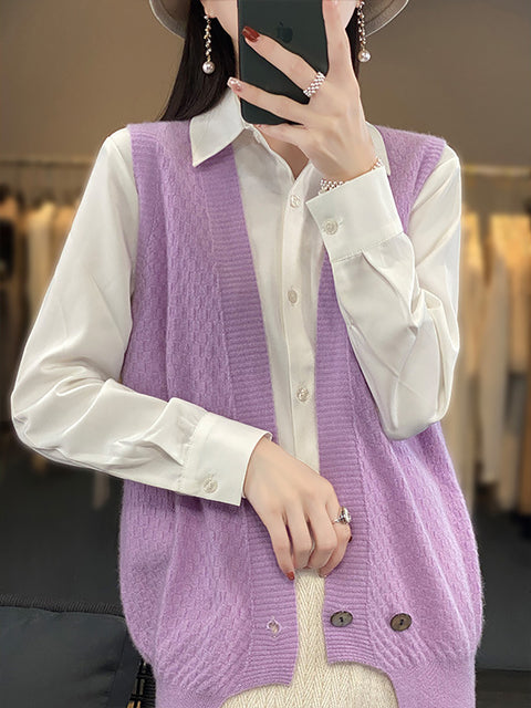 Women Casual Wool Solid V-Neck Irregular Hem Knit Vest