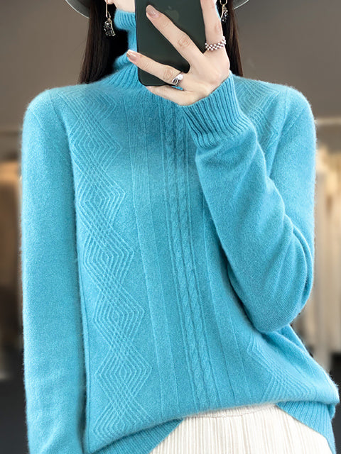 Women Autumn Turtleneck Knit 100%Wool Soft Sweater