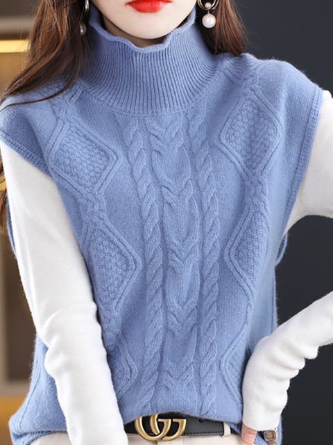 Women Casual Autumn Wool Turtleneck Twist Knit Vest