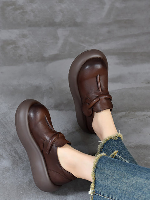 Women Genuine Leather Pure Color Platform Shoes