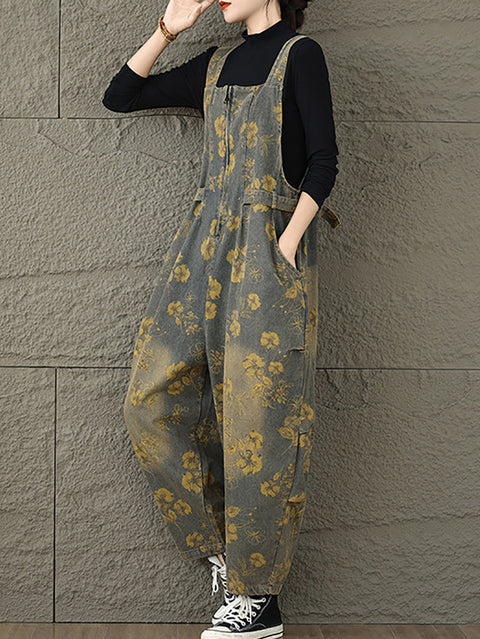 Women Autumn Retro Flower Zipper Denim Jumpsuits