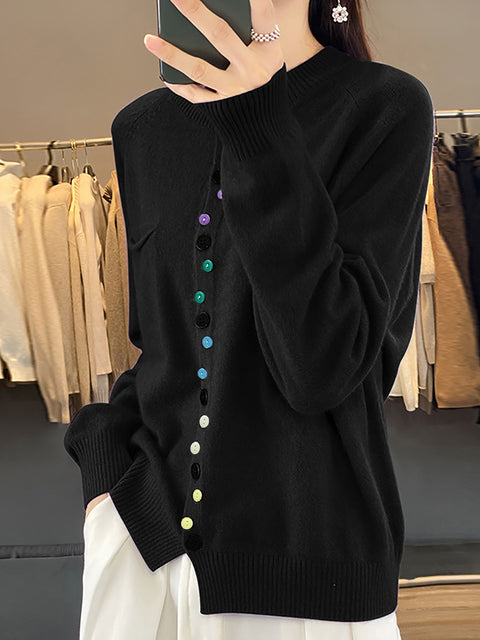 Women Autumn Wool O-Neck Pure Color Knit Sweater