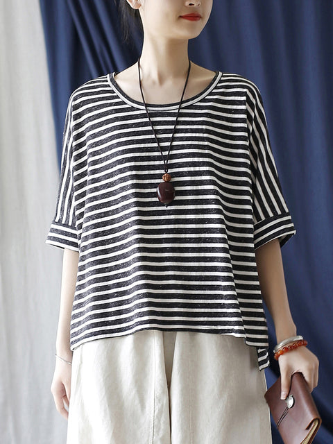 Women Summer Casual Stripe Loose O-Neck Shirt