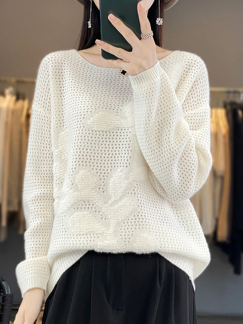 Women Autumn O-Neck Spliced Wool Warm Knit Sweater