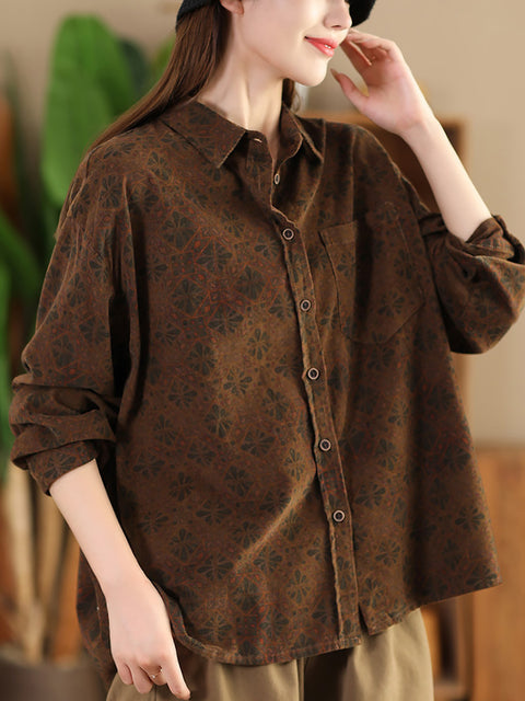 Women Autumn Vintage Flower Croduroy Cotton Shirt