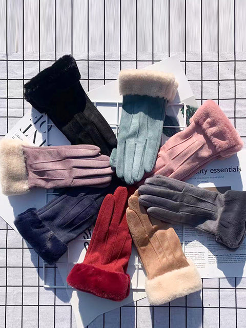 Women Winter Warm Suede Plush Windproof Gloves