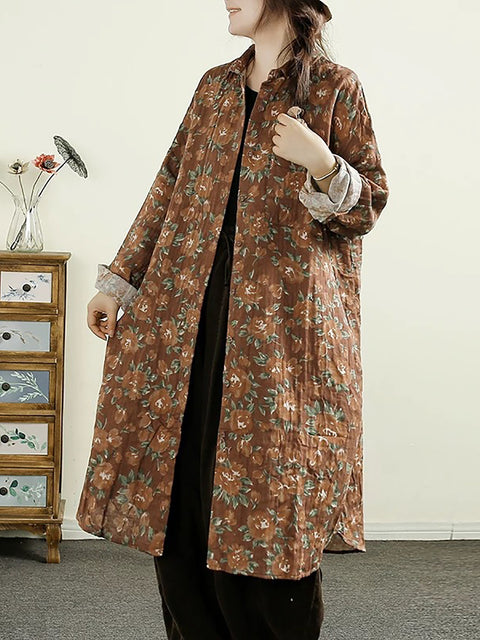 Women Vintage Autumn Flower Button-up Thin Coat