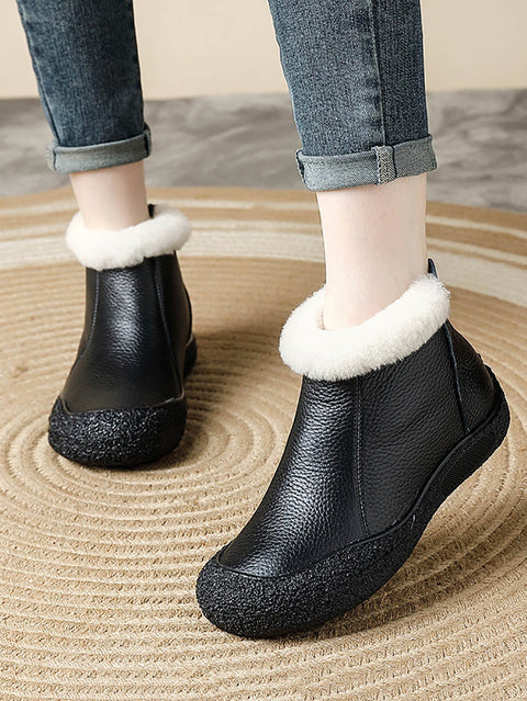 Women Casual Leather Spliced Fleece-lined Flat Shoes