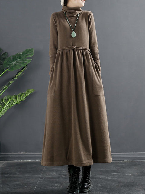 Plus Size Women Pure Color Turtleneck Draped Long Dress