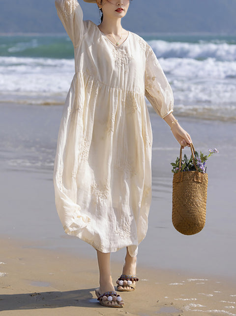 Women Summer Flower Embroidery V-Neck Ramie Dress