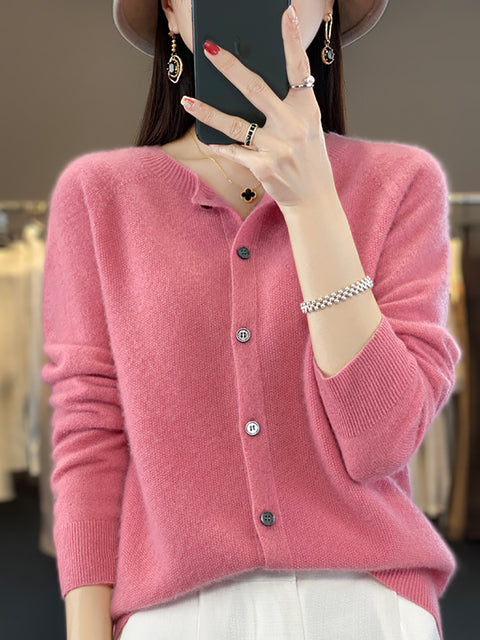 Women Autumn Wool O-Neck Cardigan Knit Sweater