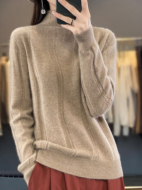 Women Autumn Half-Turtleneck Knit 100%Wool Sweater