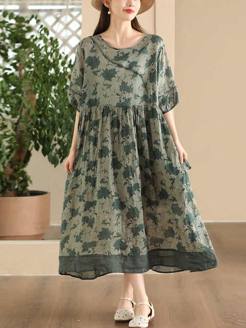 Women Summer Vintage Flower Spliced Strap Ramie Dress