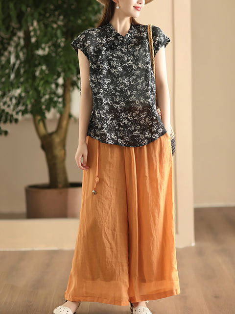 Women Summer Dual-layer Wide-leg Ramie Pants