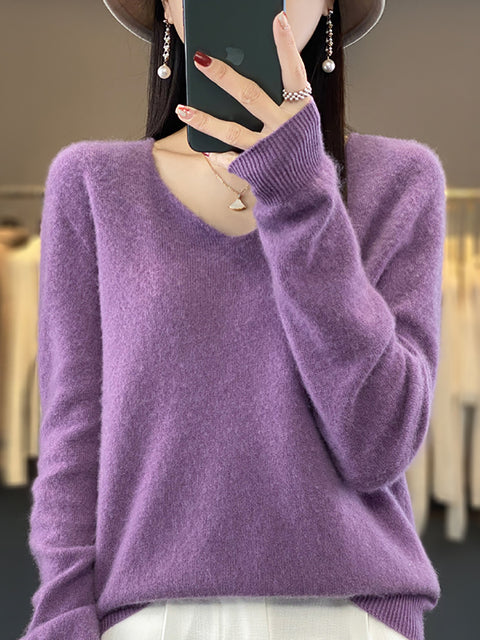 Women Autumn Pure Color V-Neck Knit Sweater