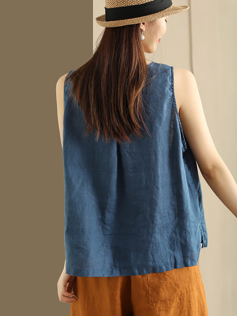 Plus Size Women Summer Solid Loose Button Pocket 100%Linen Vest