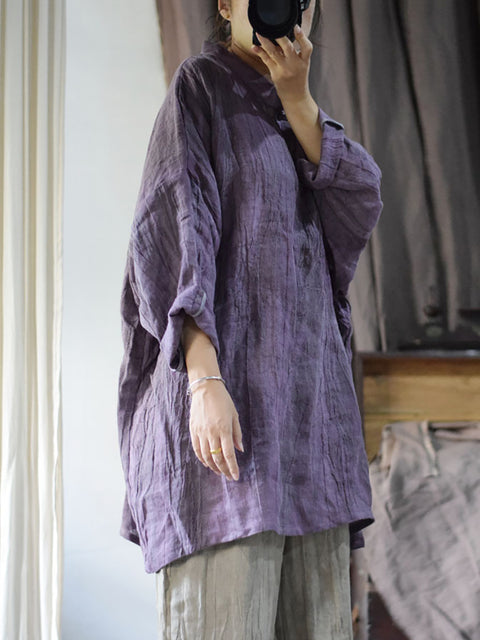 Women Vintage Solid Linen Loose Long Blouse