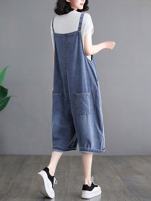 Women Summer Washed Pocket Frayed Button Denim Jumpsuits