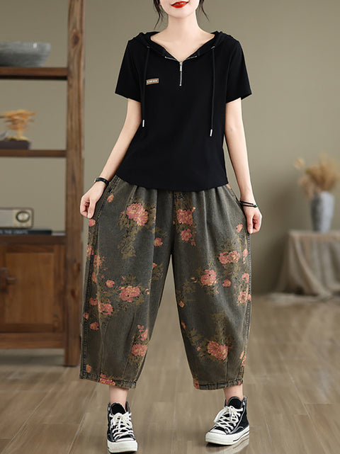 Women Summer Retro Flower  Denim Loose Pants