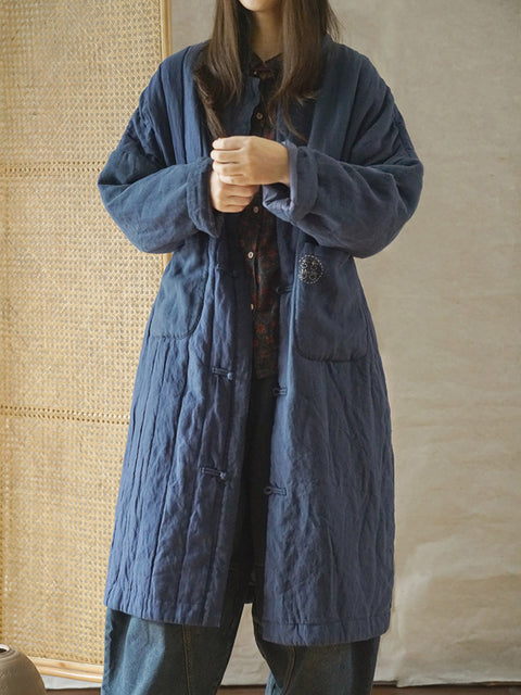 Women Vintage Solid Winter Linen Padded Coat