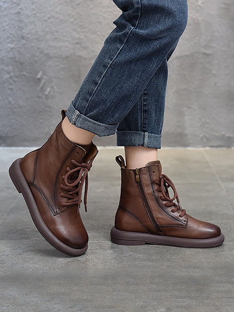 Women Genuine Leather Soft Zipper Mid Heel Martin Boots