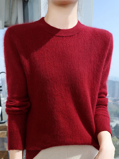 Women Autumn Casual O-Neck Soft 100%Wool Sweater