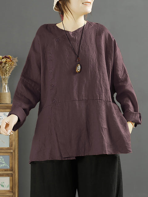 Plus Size Women Solid Vintage Slant-Closure Linen Shirt