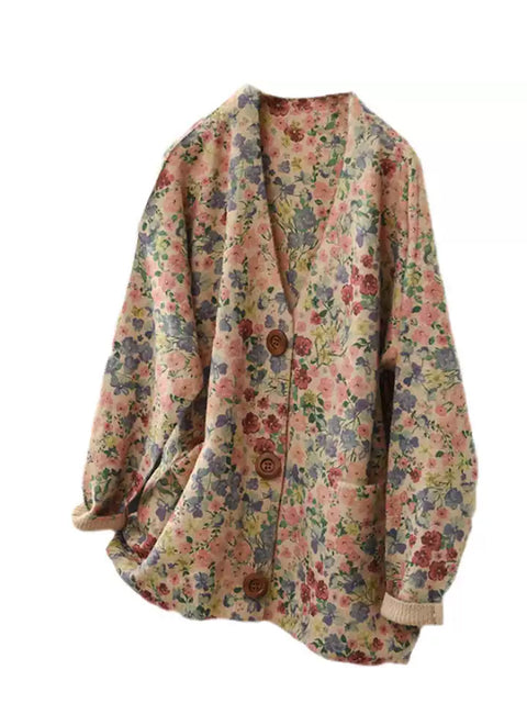 Women Casual Autumn V-Neck Floral Cardigan Sweater