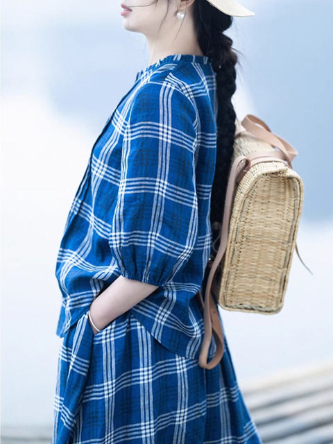 Women Summer Vintage Plaid 100%Linen Loose Suits