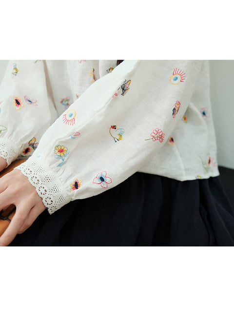 Women Spring Floral Embroidery Ramie Lace Collar Shirt