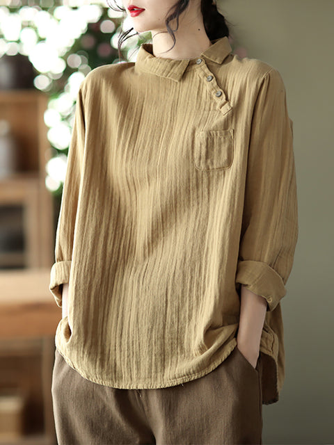 Plus Size Women Vintage Oblique Long Sleeve Cotton Shirt