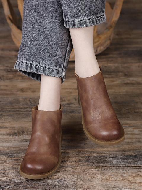 BUYKUD Handmade Genuine Leather Vintage Women Short Boots