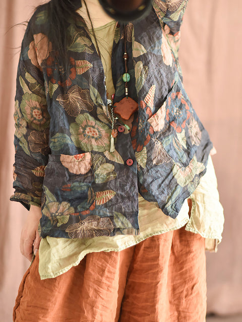 Women Spring Vintage Flower Print Button Thin Shirt