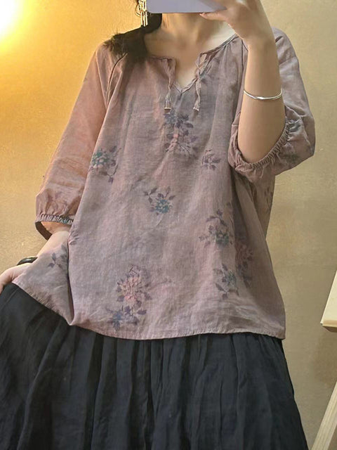 Women Vintage Flower V-neck Drawstring Ramie Shirt