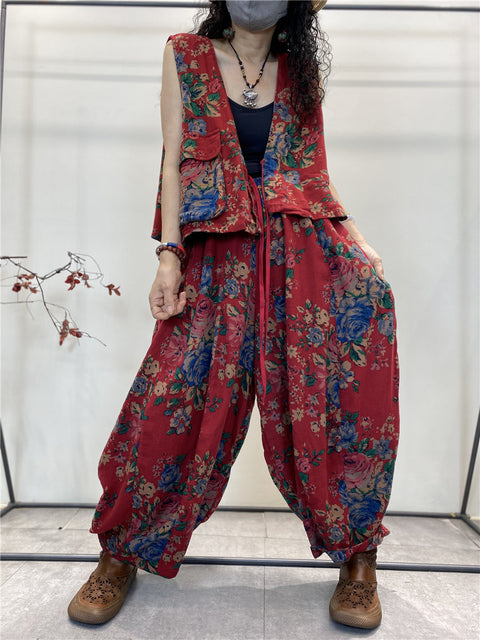 Plus Size Women Summer Vintage Floral Pocket Pants