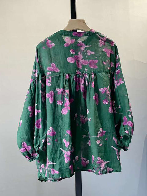 Plus Size Summer Vintage Flower Button Drawstring Ramie Shirt