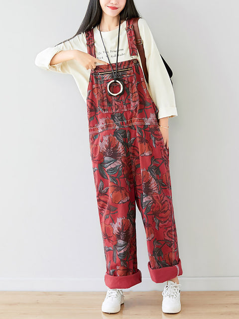 Women Summer Artsy Flower Print Pocket Loose Denim Jumpsuits