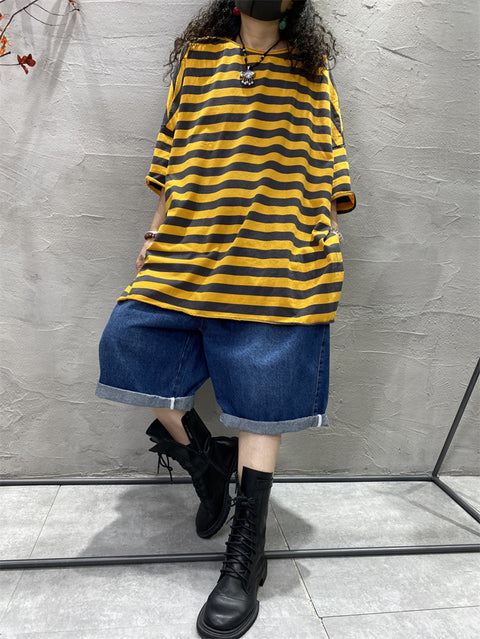 Plus Size Women Casual Stripe Split Hem O-Neck Loose Shirt