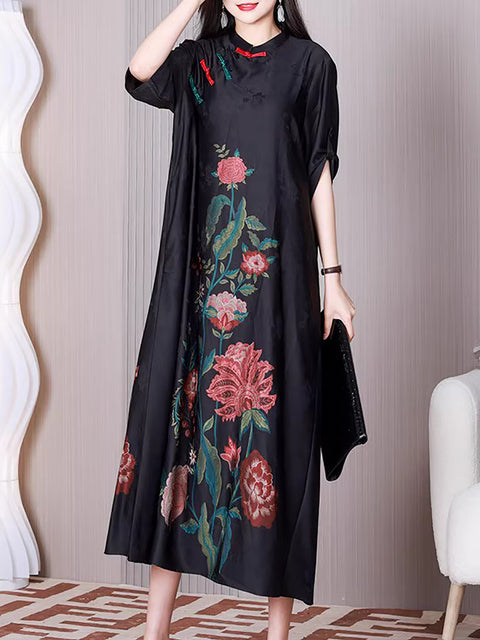 Plus Size Women Ethnic Flower A-shape Loose Dress