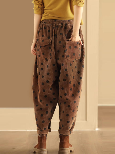 Plus Size Women Vintage Dot Corduroy Harem Pants