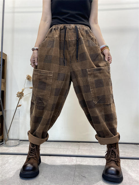 Plus Size Women Retro Plaid Corduroy Loose Harem Pants